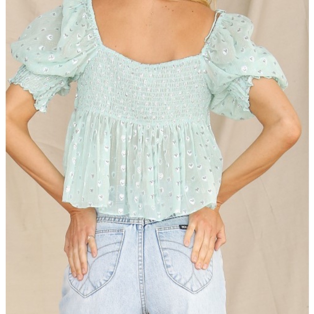For Love & Lemons Mint Jana Blouse‎ Cropped Flowy Heart Print Tie Shoulders - Picture 4 of 13